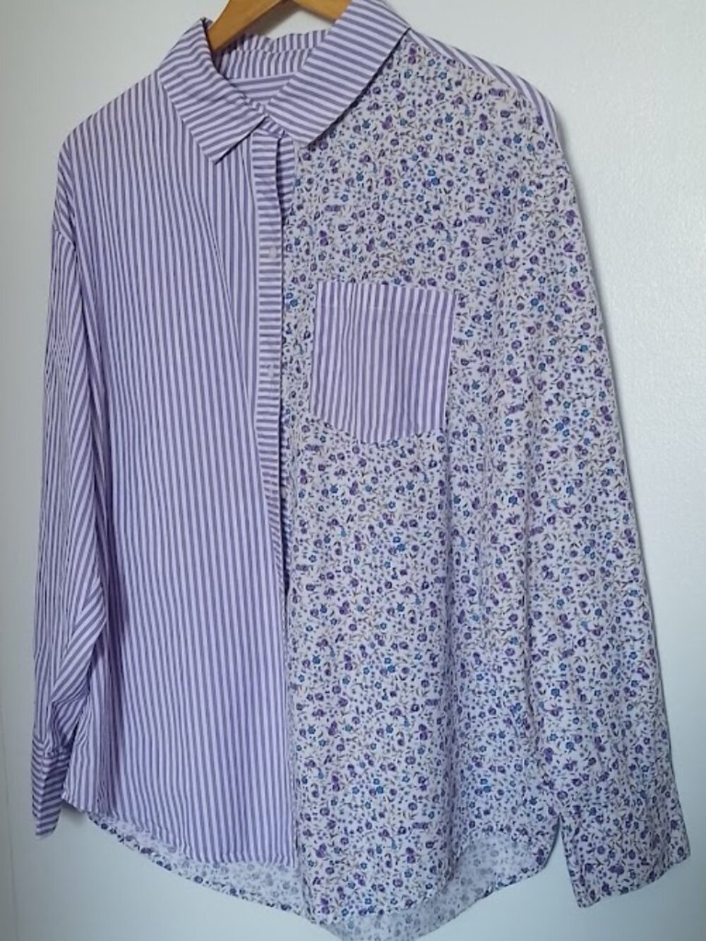 Avec les Filles Button Down Shirt, Floral & Striped Purple, Womens Size M